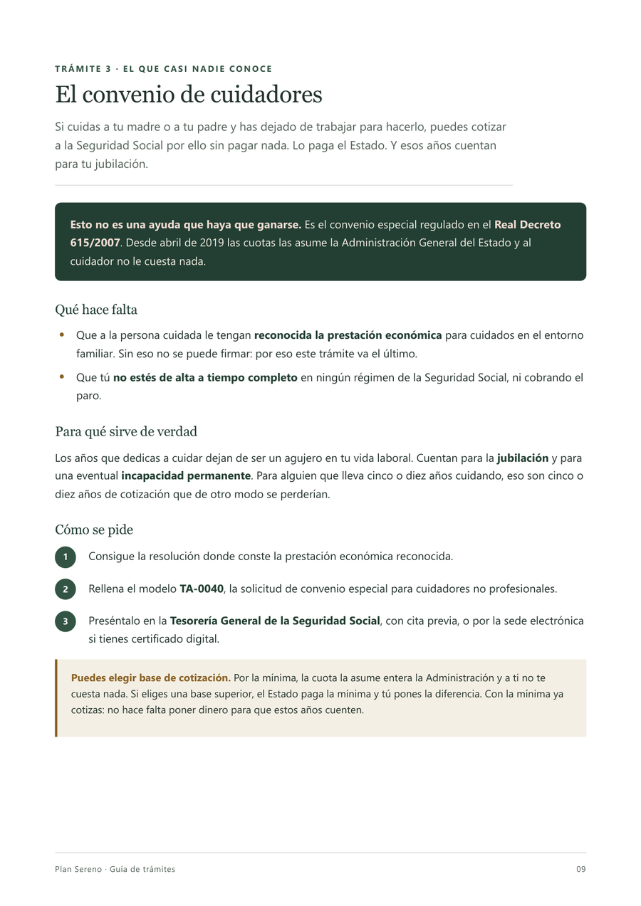 Página sobre el convenio especial de cuidadores no profesionales y cómo pedirlo