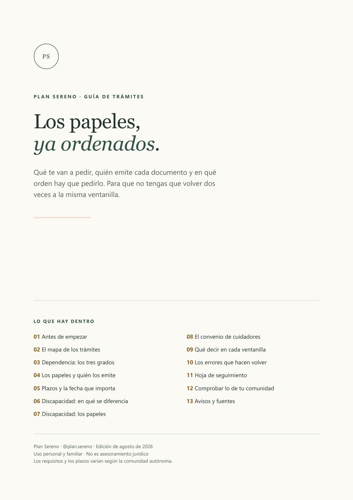 Portada de la guía de trámites, con el índice de las catorce páginas